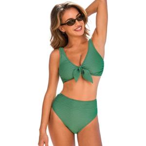 CUPSHE Two Piece Swimsuit for Women High Waisted V Neck 2026 Bikini Sets Knot Bunny Tie Bathing Suits for Beach(Dusty Green)