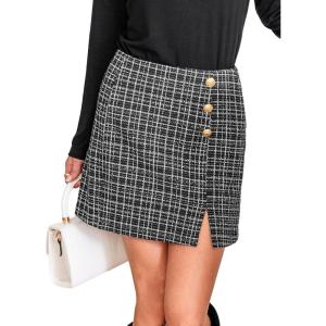 CUPSHE Women Mini Plaid Skirts Tweed High Waist Bodycon Pencil Hem Spring Summer Dressy Outfits Shorts(Black Buttons)