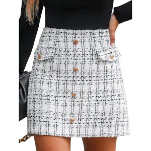 CUPSHE Women Mini Plaid Skirts Tweed High Waist Bodycon Pencil Hem Spring Summer Dressy Outfits Shorts(Grey)