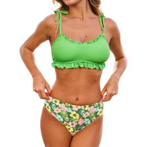 CUPSHE Women’s Bikini Set Cute Two Piece Swimsuit Scoop Neck Ruffle Trim Bathing Suit Back Self Tie(Bright Green/Floral)