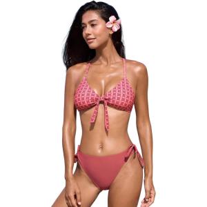CUPSHE Women’s Bikini Set Sexy Two Piece Swimsuit Front Knot Bunny Tie Bathing Suit Crisscross Back Self Tie Retro(Dusty Rose/Geo)