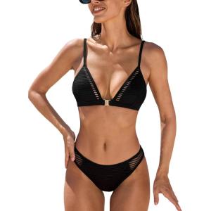 CUPSHE Women’s Bikini Set Two Piece Swimsuit V Neck Mesh Panel Sexy Bathing Suit Back Hook High Leg Textured(Black)