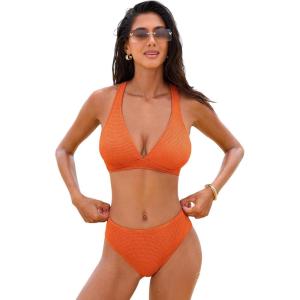 CUPSHE Women’s Bikini Sets Plunge V Neck Self Tie Two Piece Swimsuit Crisscross Adjustable Straps Mid Rise Textured(Orange)
