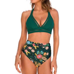 CUPSHE Women’s Bikini Sets Two Piece Swimsuit High Waisted Bathing Suit V Neck Cutout Halter Back Tie(Green/Floral)