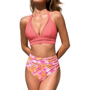 CUPSHE Women’s Bikini Sets Two Piece Swimsuit High Waisted Bathing Suit V Neck Cutout Halter Back Tie(Pink/Floral)