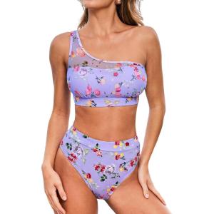 CUPSHE Women’s Bikini Sets Two Piece Swimsuit High Waisted Bathing Suits One Shoulder Mesh Swimwear(Lavender/Floral)
