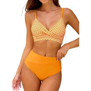 CUPSHE Women’s Bikini Sets Two Piece Swimsuit High Waisted V Neck Twist Front Adjustable Spaghetti Straps Bathing Suit(Bright Yellow Floral)