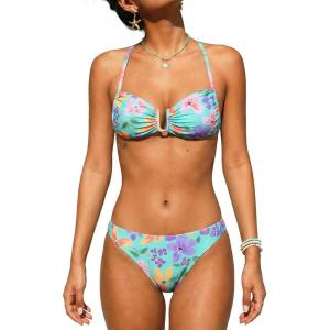 CUPSHE Women’s Bikini Sets Two Piece Swimsuit Low Rise Bathing Suit U Wire Self Tie Back Swimwear(Mint Green/Floral)