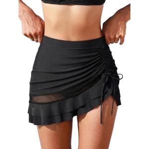 CUPSHE Women’s Bikini Swimsuit Bottom High Waisted Swim Skirt Ruffled Drawstring Mesh Ruched Bathing Suit(Black)