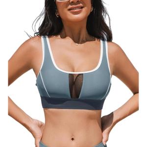 CUPSHE Women’s Bikini Top Scoop Neck Sporty Color Block Mesh Bathing Suit(Dark Teal/Dark Grey)