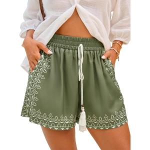 CUPSHE Women’s Floral Shorts Smocked Waist Drawstring Tassel Summer Casual Pockets Bottom(Green Floral)