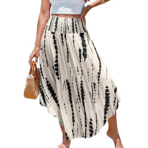 CUPSHE Women’s Summer Maxi Skirt Abstract Irregular Hem Strapless Dress High Waist Smocked Coverup Casual Midi Skirt(Black Floral)