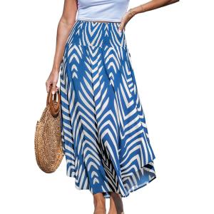 CUPSHE Women’s Summer Maxi Skirt Abstract Irregular Hem Strapless Dress High Waist Smocked Coverup Casual Midi Skirt(Blue)
