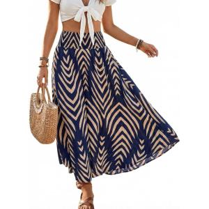 CUPSHE Women’s Summer Maxi Skirt Abstract Irregular Hem Strapless Dress High Waist Smocked Coverup Casual Midi Skirt(Navy)