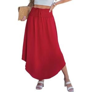 CUPSHE Women’s Summer Maxi Skirt Abstract Irregular Hem Strapless Dress High Waist Smocked Coverup Casual Midi Skirt(Red)