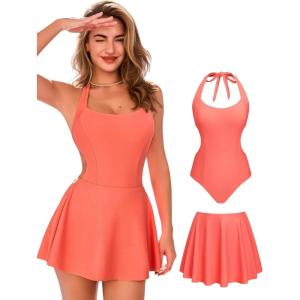 CUPSHE Women’s Tummy Control One Piece Swimsuit with Detachable Skirt Sexy Cutout Back Hook Bathing Suit Monokini(Coral)