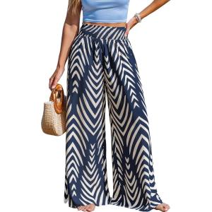 CUPSHE Women‘s Wide Leg Palazzo Pants Elastic High Waisted Summer Boho Tropical Beach Flowy Trousers(Black)