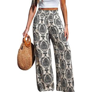 CUPSHE Women‘s Wide Leg Palazzo Pants Elastic High Waisted Summer Boho Tropical Beach Flowy Trousers(Black Navy)