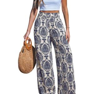 CUPSHE Women‘s Wide Leg Palazzo Pants Elastic High Waisted Summer Boho Tropical Beach Flowy Trousers(Blue)