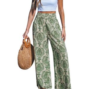CUPSHE Women‘s Wide Leg Palazzo Pants Elastic High Waisted Summer Boho Tropical Beach Flowy Trousers(Green)