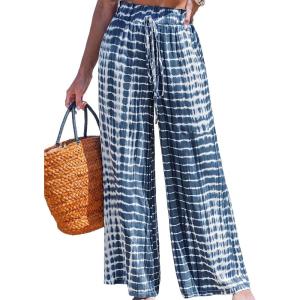 CUPSHE Women‘s Wide Leg Palazzo Pants Elastic High Waisted Summer Boho Tropical Beach Flowy Trousers(Tie Dye Blue)