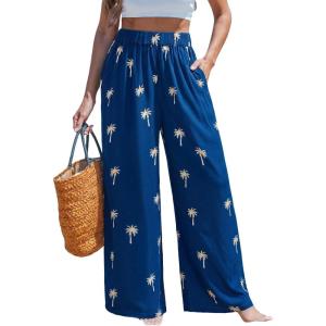 CUPSHE Women’s Wide Leg Pants, Summer Casual High Waist Vacation Palazzo Beach Pants with Pocket(Blue)