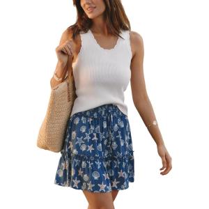 Women’s Mini Skirts Boho Floral High Waist Ruffle Tiered Chiffon Flowy A-Line Beach Casual Cute Short Skirt(Dark Blue)
