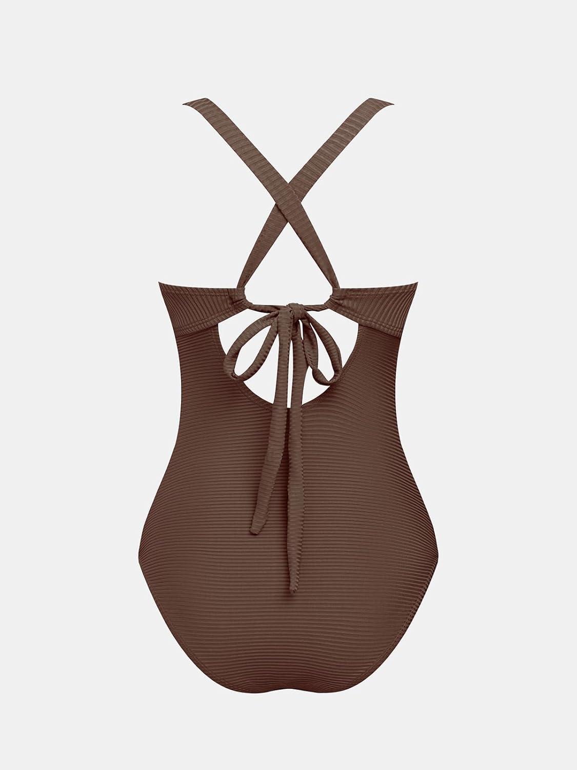 imageCUPSHE Maternity One Piece Swimsuit Scoop Neck Pregnancy Bathing Suit for Women Wide Straps Criss Cross Back Tie RibbedBrown