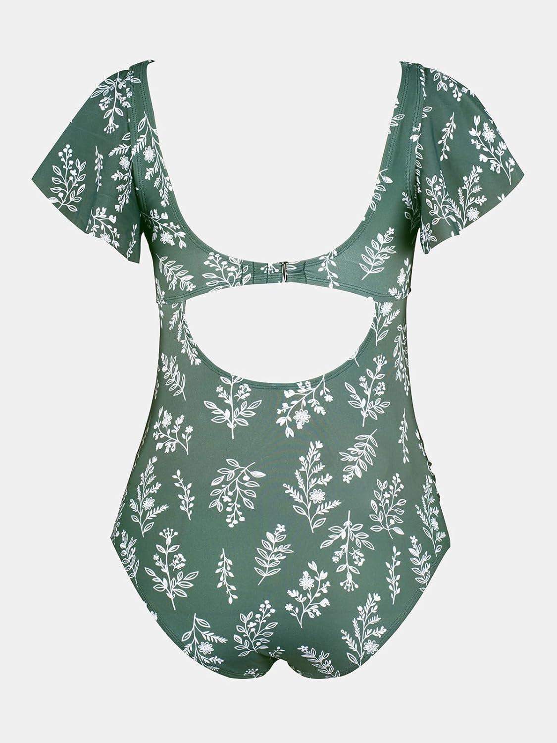 imageCUPSHE Maternity One Piece Swimsuit V Neck Pregnancy Bathing Suit for Women Ruffle Front Cutout Back HookSage GreenFloral