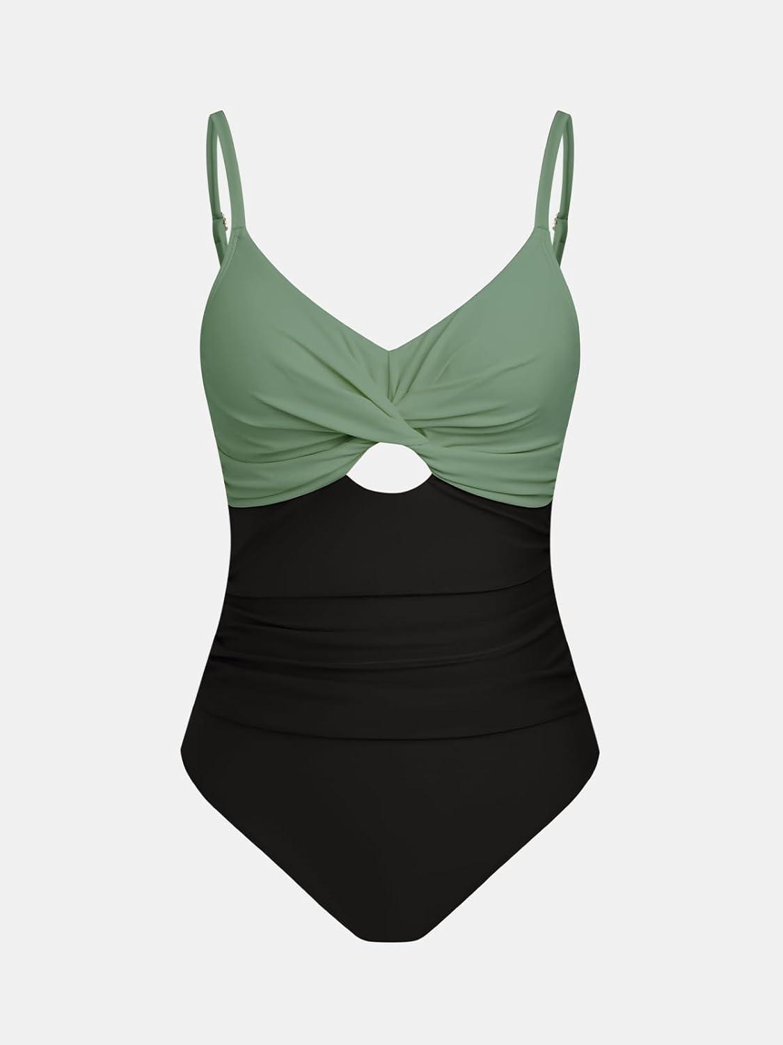 imageCUPSHE One Piece Swimsuit for Women Bathing Suits Twist Front Cutout Adjustable Straps Ruched SwimwearBlackOlive Green