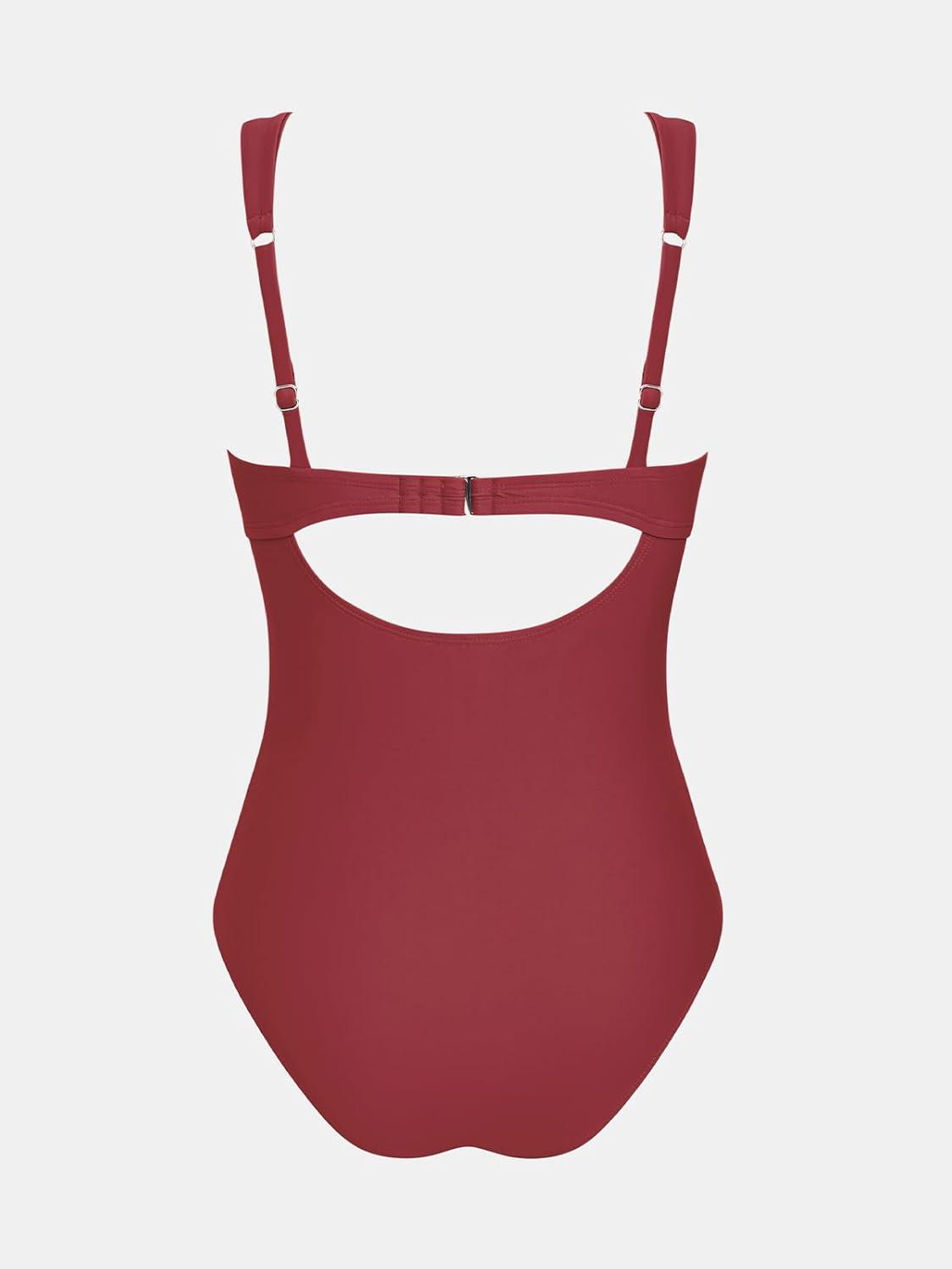 imageCUPSHE One Piece Swimsuit for Women V Neck Ruched Wide Adjustable Straps Back Cut Out Bathing SuitBurgundy Red