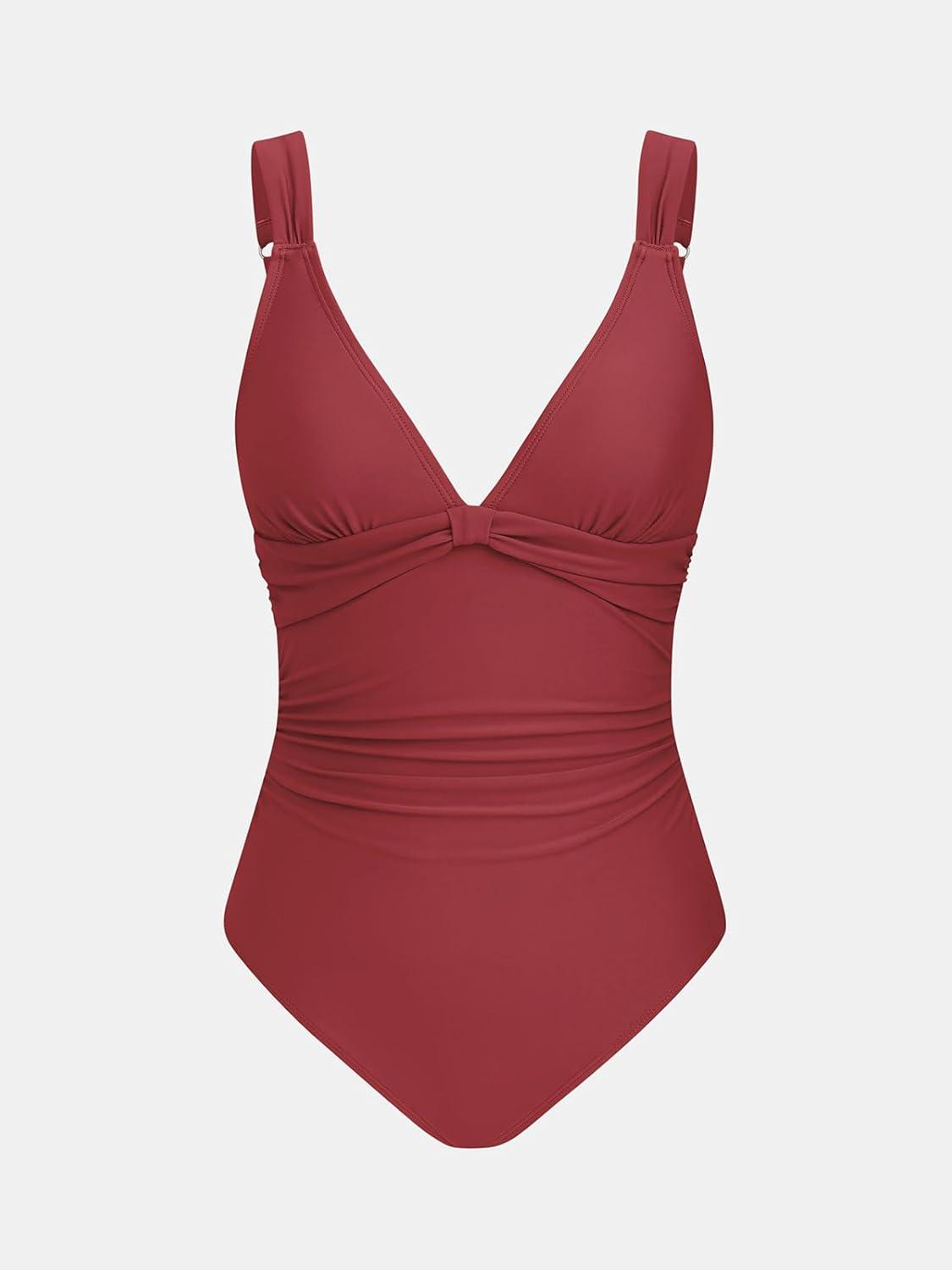 imageCUPSHE One Piece Swimsuit for Women V Neck Ruched Wide Adjustable Straps Back Cut Out Bathing SuitBurgundy Red
