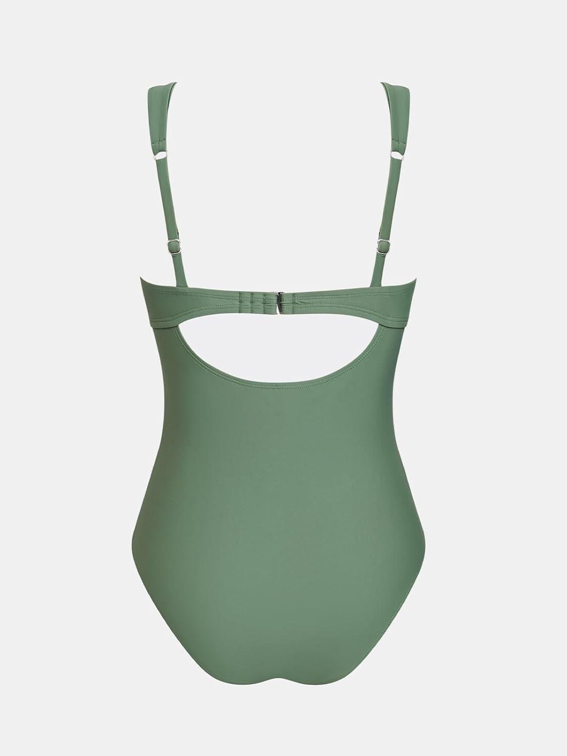 imageCUPSHE One Piece Swimsuit for Women V Neck Ruched Wide Adjustable Straps Back Cut Out Bathing SuitForest Green
