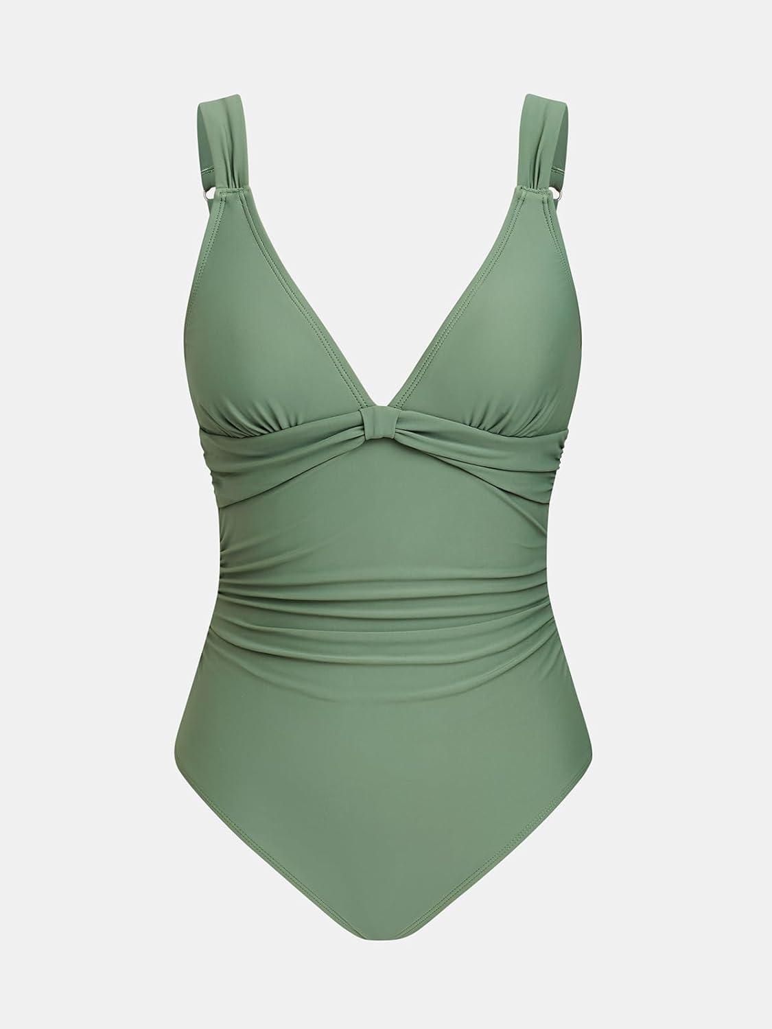 imageCUPSHE One Piece Swimsuit for Women V Neck Ruched Wide Adjustable Straps Back Cut Out Bathing SuitForest Green