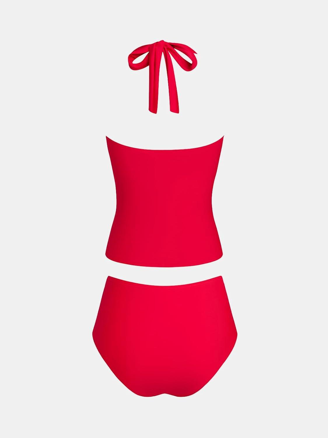 imageCUPSHE Tankini Bathing Suit for Women Halter Deep V Cowl Neck Low Back SwimsuitRed