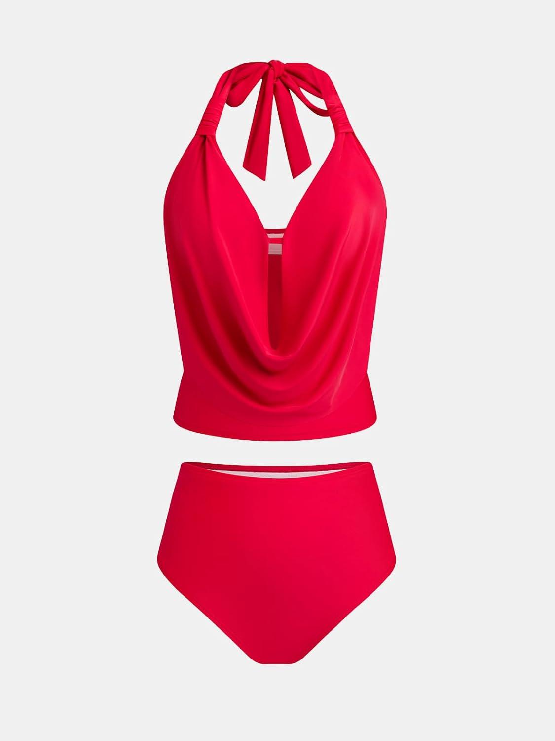 imageCUPSHE Tankini Bathing Suit for Women Halter Deep V Cowl Neck Low Back SwimsuitRed