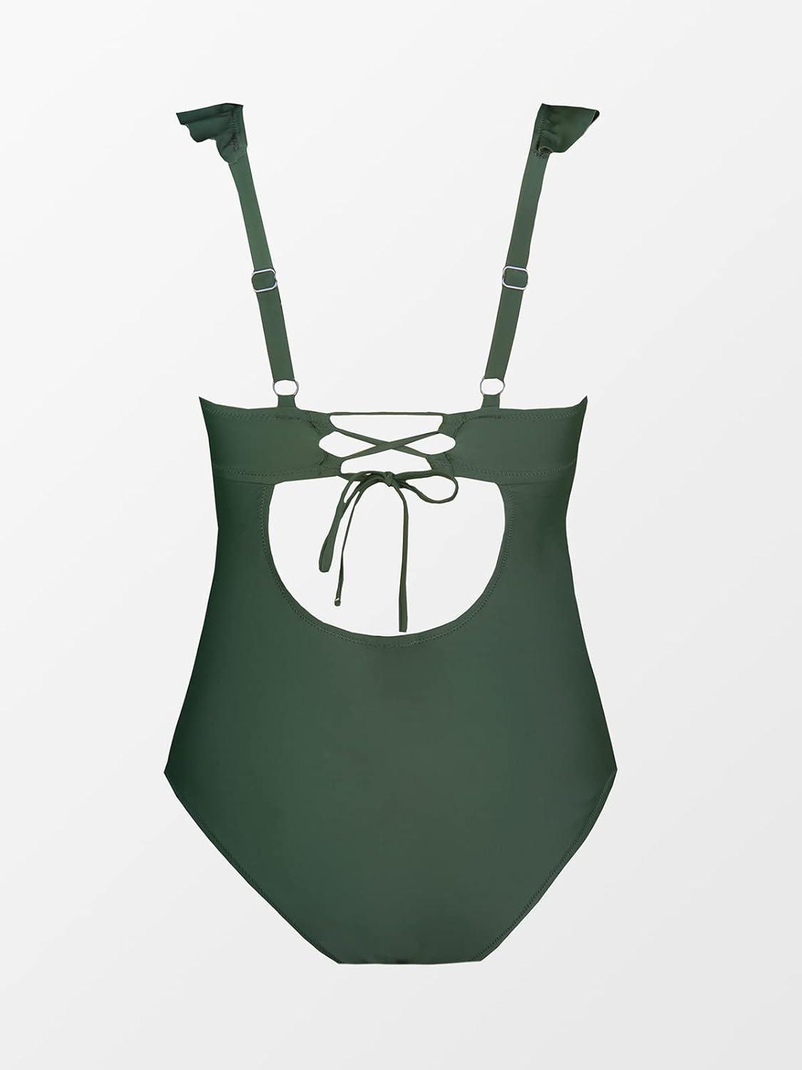 imageCUPSHE Women Swimsuit Maternity One Piece Bathing Suit Deep V Neck Ruffle Back Tie Ruching Adjustable Straps SwimwearGreen