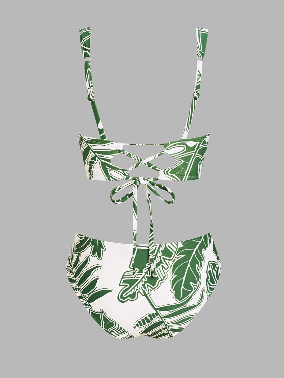imageCUPSHE Womens Bikini Sets Sweetheart Neck Two Piece Crisscross Self Tie Adjustable Straps Bathing SuitWhiteGreen Tropical
