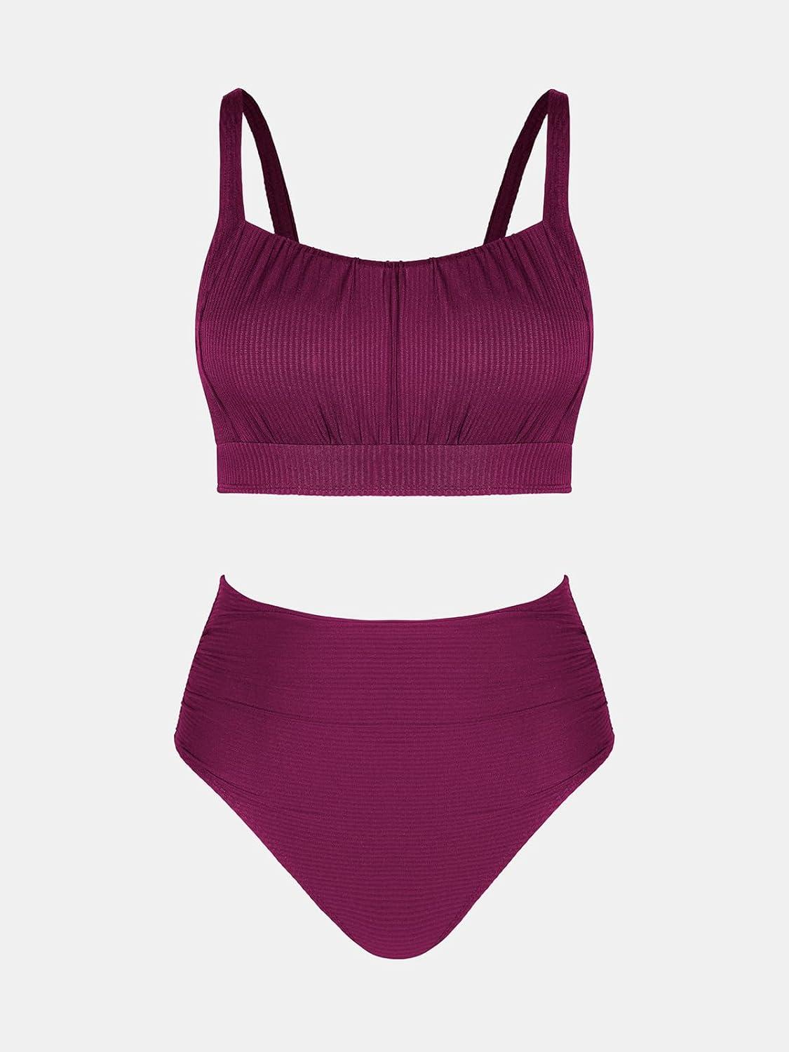 imageCUPSHE Womens Bikini Sets Two Piece Bathing Suit High Waisted Square Neck Adjustable Straps RuchedBurgundy
