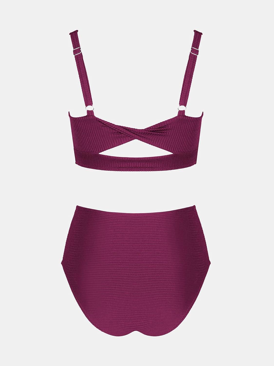 imageCUPSHE Womens Bikini Sets Two Piece Bathing Suit High Waisted Square Neck Adjustable Straps RuchedBurgundy