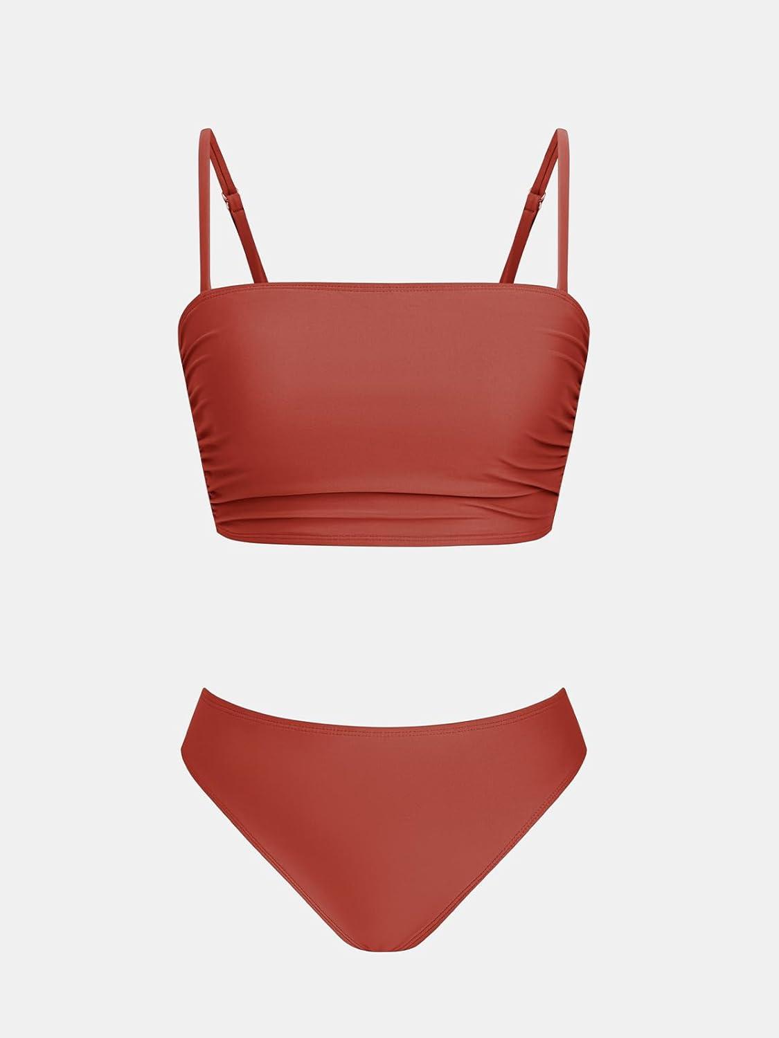 imageCUPSHE Womens Bikini Sets Two Piece Swimsuit Bandeau Top Square Neck Mid Rise Ruched Bathing Suit Spaghetti StrapsBrick Red