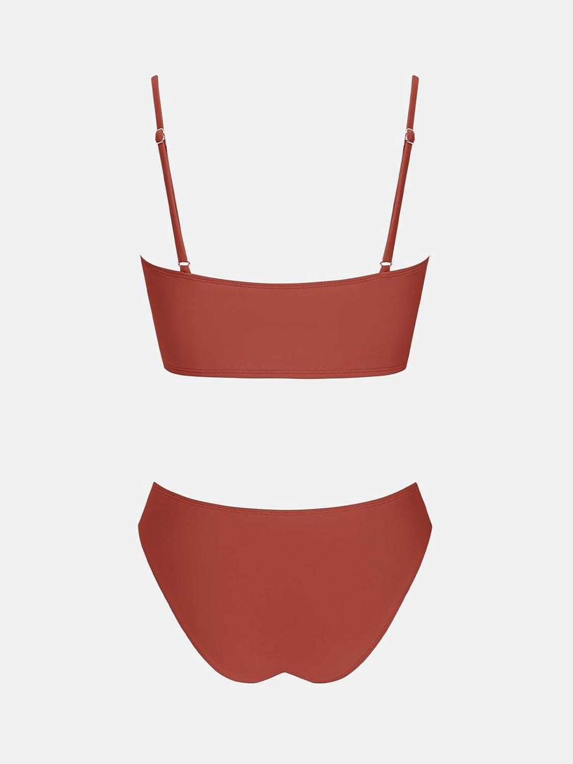 imageCUPSHE Womens Bikini Sets Two Piece Swimsuit Bandeau Top Square Neck Mid Rise Ruched Bathing Suit Spaghetti StrapsBrick Red