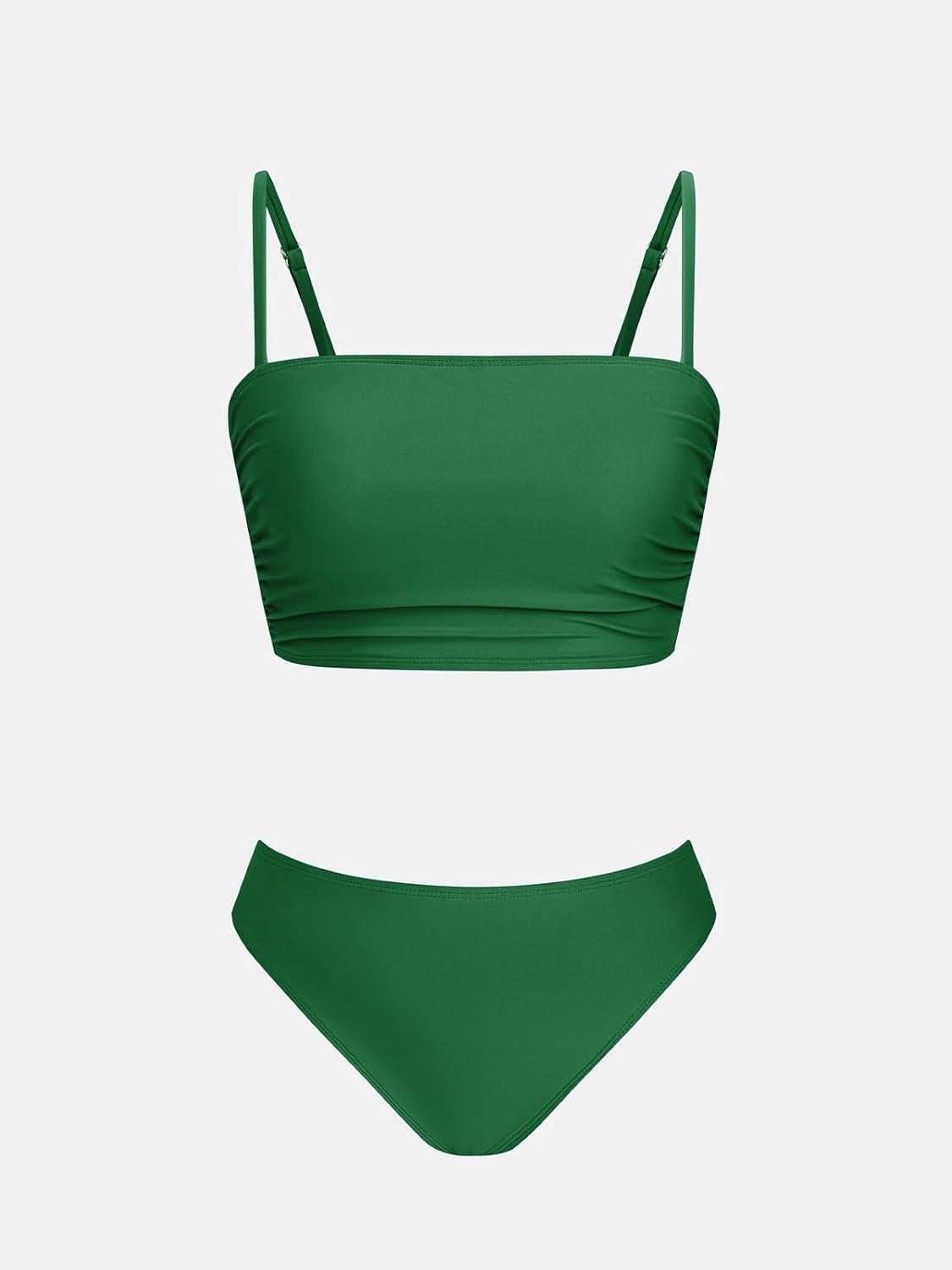 imageCUPSHE Womens Bikini Sets Two Piece Swimsuit Bandeau Top Square Neck Mid Rise Ruched Bathing Suit Spaghetti StrapsDark Green
