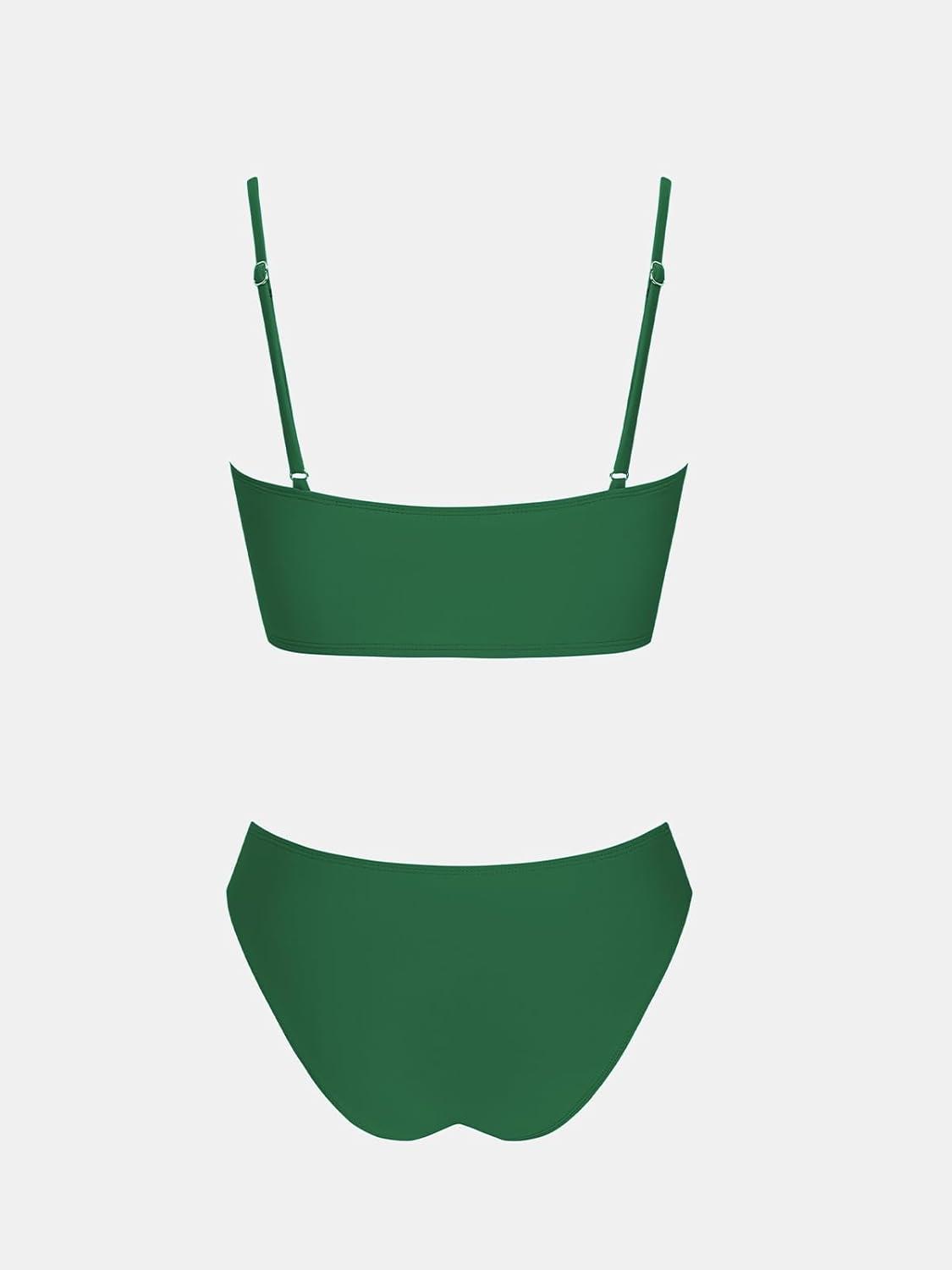 imageCUPSHE Womens Bikini Sets Two Piece Swimsuit Bandeau Top Square Neck Mid Rise Ruched Bathing Suit Spaghetti StrapsDark Green