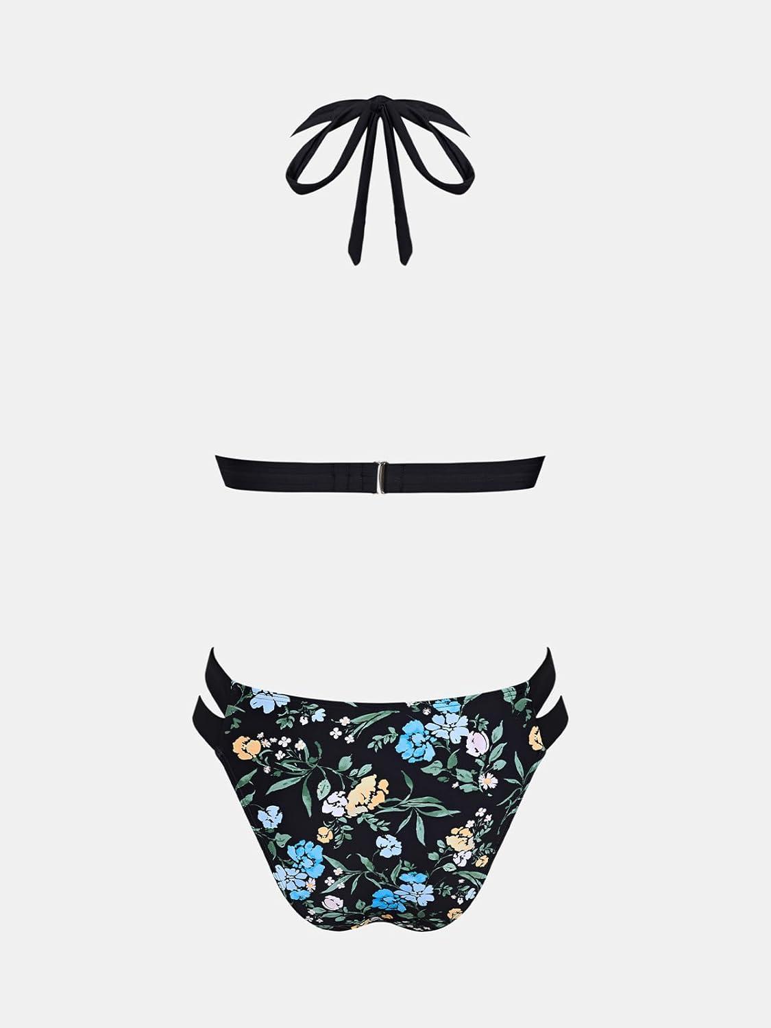 imageCUPSHE Womens Bikini Sets Two Piece Swimsuit Halter V Neck Back Hook Cutout Stitching Cheeky BottomBlackBlue Floral