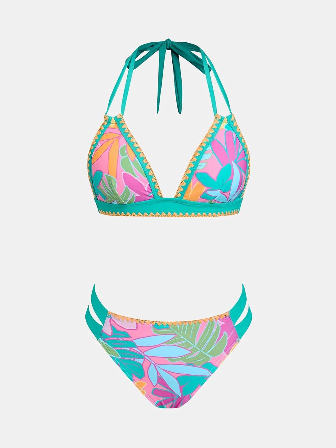 imageCUPSHE Womens Bikini Sets Two Piece Swimsuit Halter V Neck Back Hook Cutout Stitching Cheeky BottomMint BlueTropical