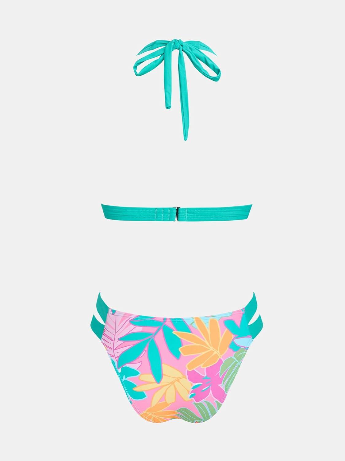 imageCUPSHE Womens Bikini Sets Two Piece Swimsuit Halter V Neck Back Hook Cutout Stitching Cheeky BottomMint BlueTropical