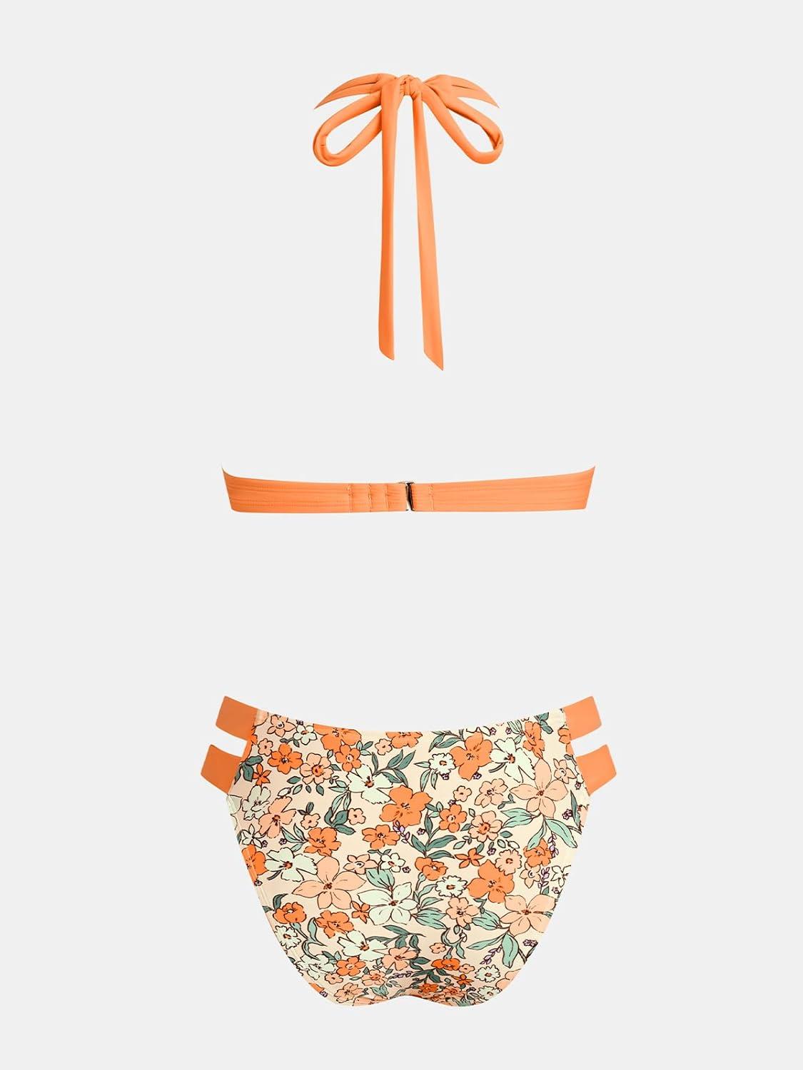 imageCUPSHE Womens Bikini Sets Two Piece Swimsuit Halter V Neck Back Hook Cutout Stitching Cheeky BottomOrangeYellow Floral