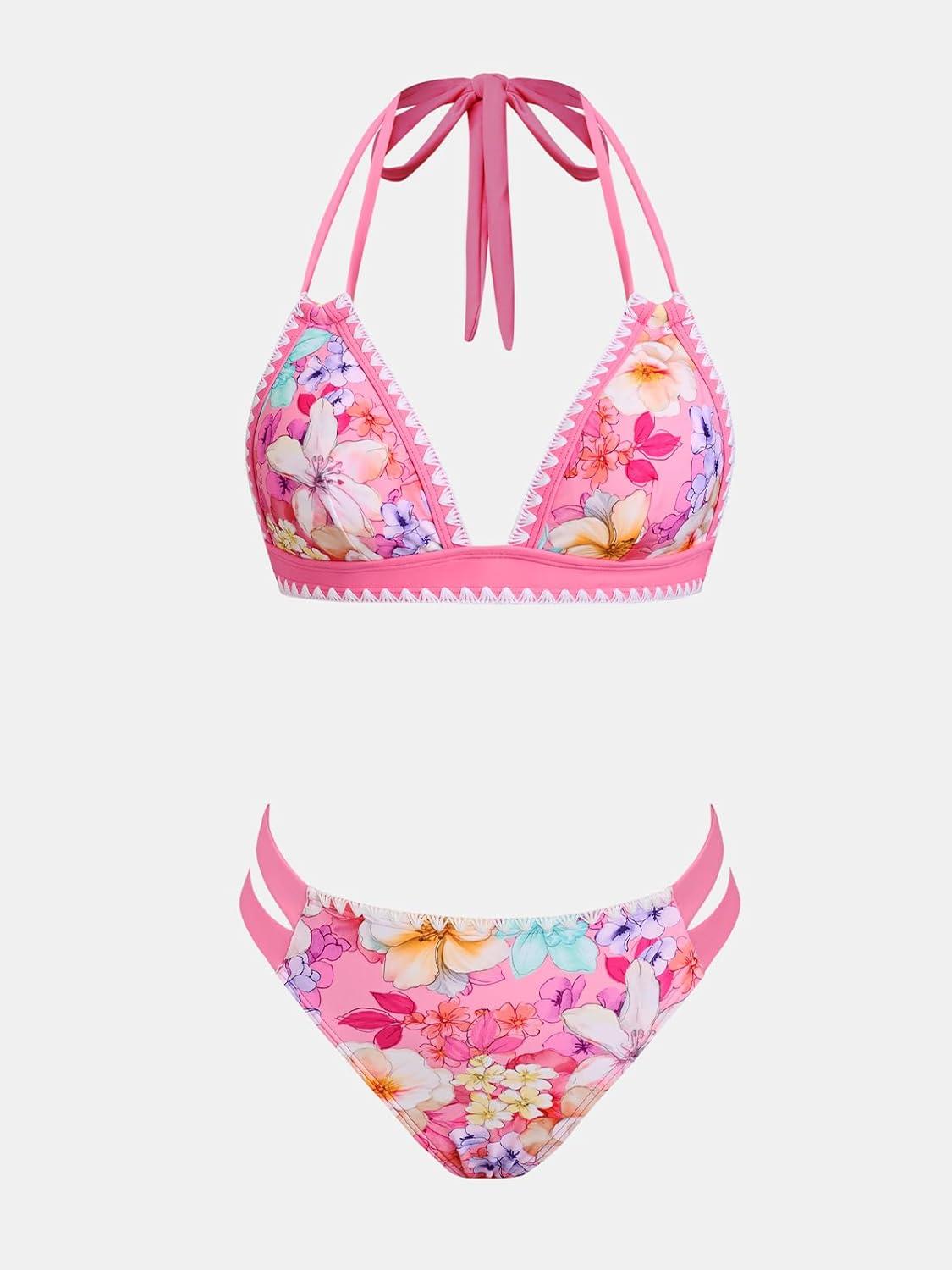 imageCUPSHE Womens Bikini Sets Two Piece Swimsuit Halter V Neck Back Hook Cutout Stitching Cheeky BottomPinkYellow Floral