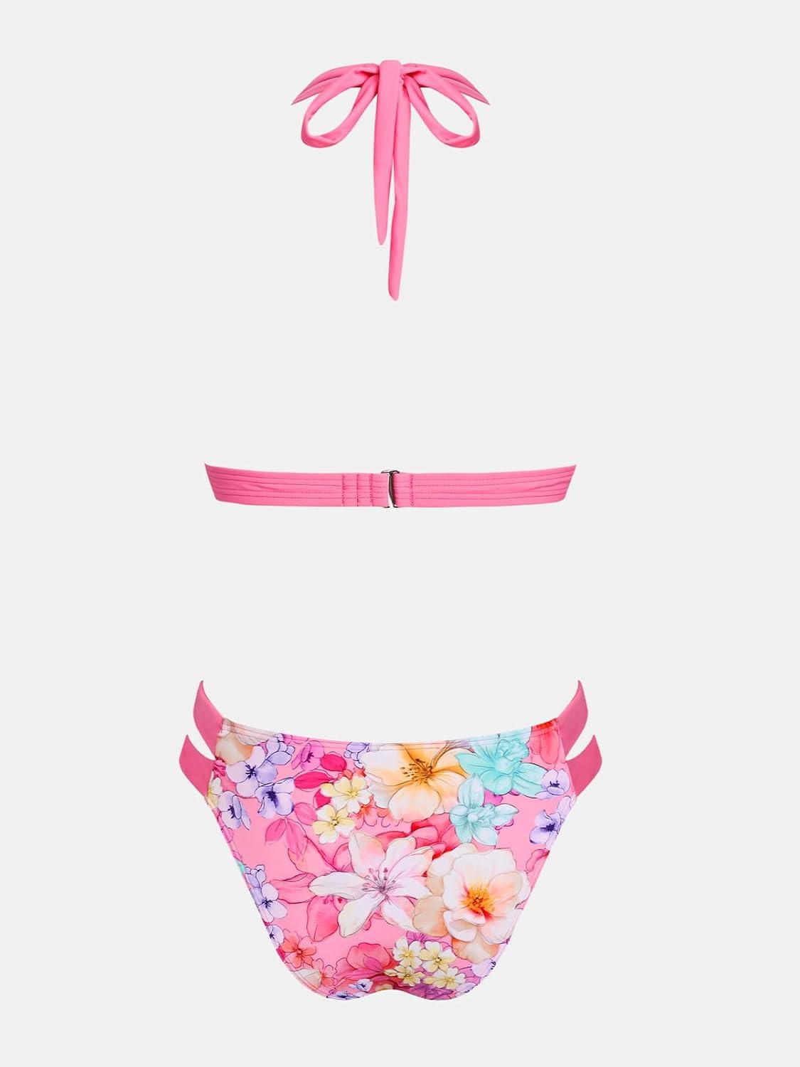 imageCUPSHE Womens Bikini Sets Two Piece Swimsuit Halter V Neck Back Hook Cutout Stitching Cheeky BottomPinkYellow Floral